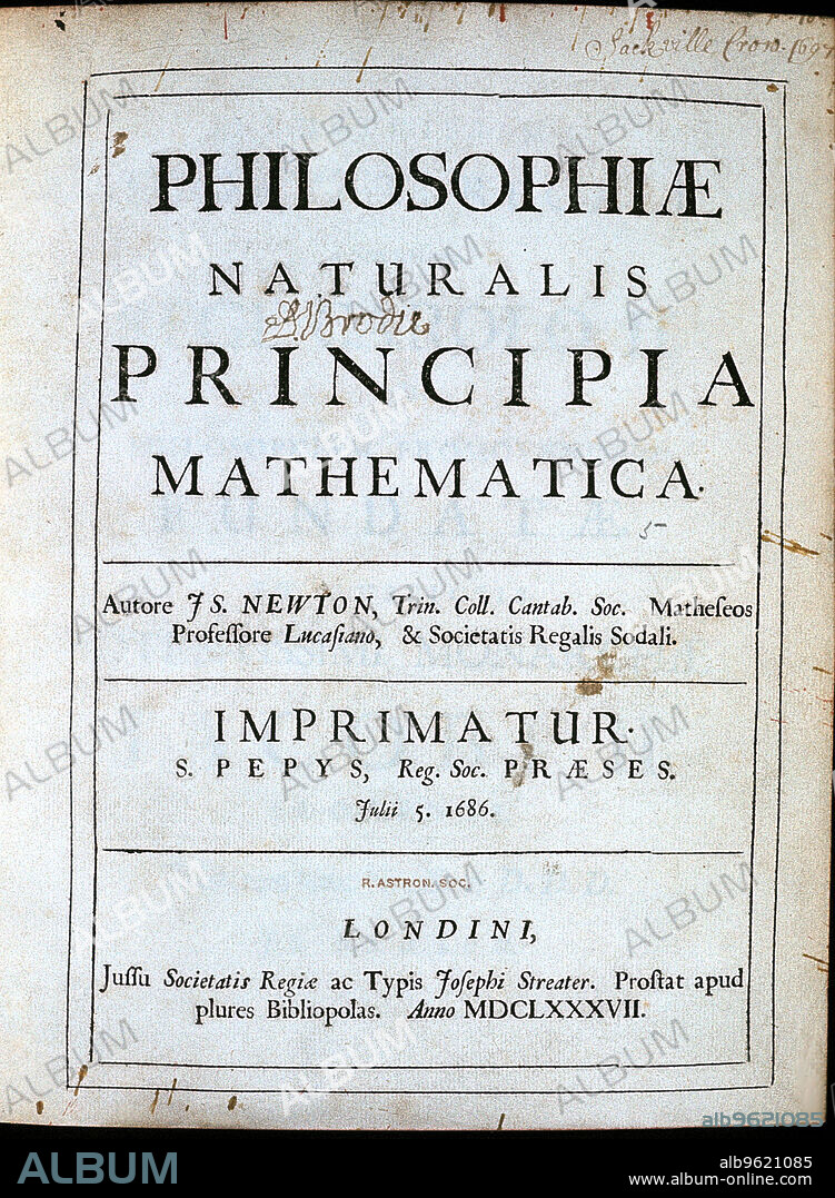 Title page of Newton's Philosophiae Naturalis Principia Mathematica, 1687. English scientist and mathematician Isaac Newton's (1642-1727) discoveries were prolific and exerted a huge influence on science and thought. His theories of gravity and his three laws of motion were outlined in his greatest work, Philosophiae Naturalis Principia Mathematica, (1687) and he is credited with discovering differential calculus. He also formulated theories regarding optics and the nature of light that led to him building the first reflecting telescope. Knighted by Queen Anne in 1705, Newton is buried in Westminster Abbey, London.