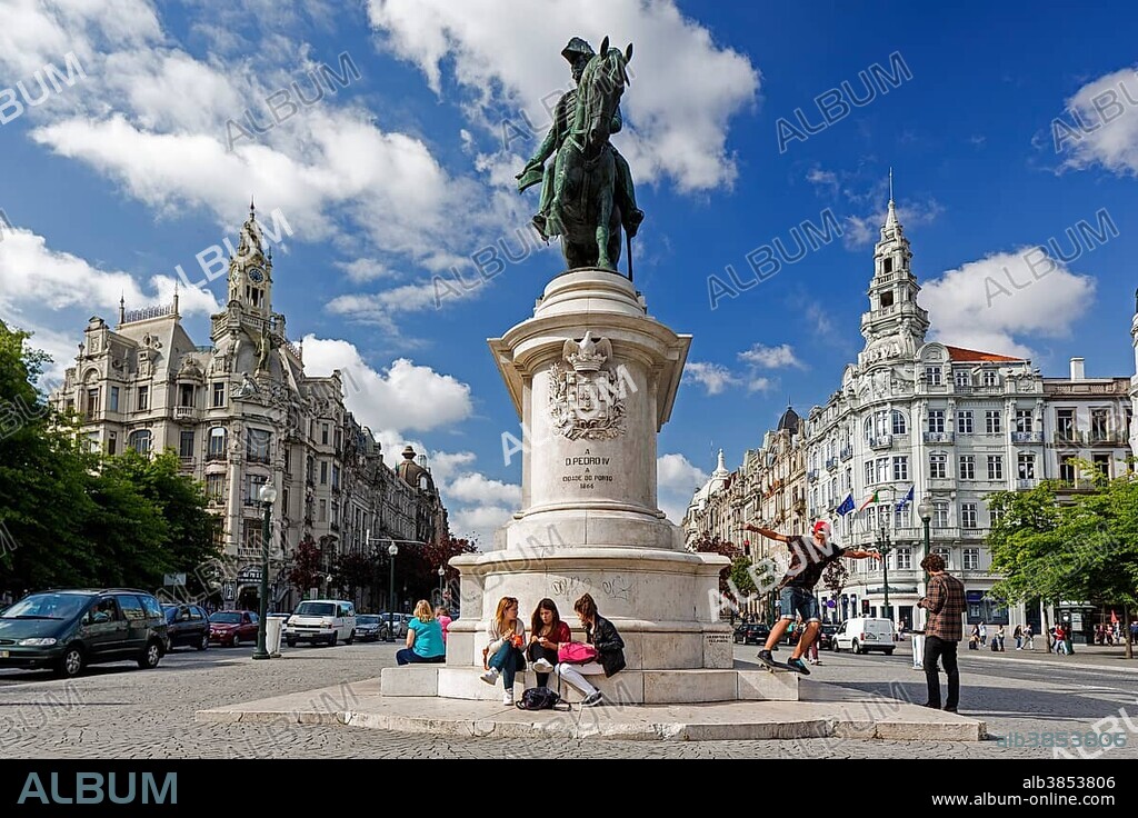 Equestrian statue of Dom Pedro IV, Aliados Avenue with City Hall, Porto, District of Porto, Portugal, Europe.