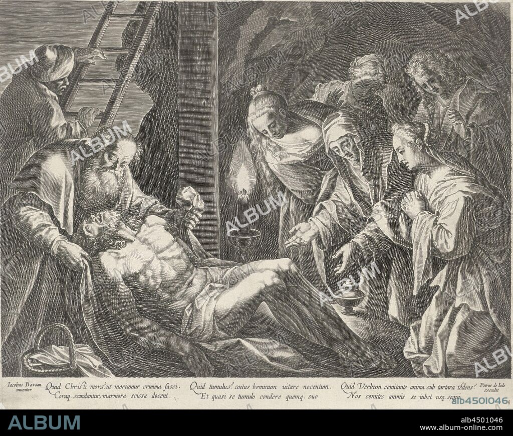 Tomb of Christ, Christ is laid in the rock tomb by Joseph of Arimatea. On the left in the background is Nicodemus at the stairs against the cross. On the right a group of grieving women including Mary and Mary Magdalene. In the margin a caption, in three columns of two lines, in Latin, Christ's entombment (possibly by angels), Pieter de Jode (I), Italy, 1590 - 1632, paper, engraving, h 287 mm × w 357 mm.