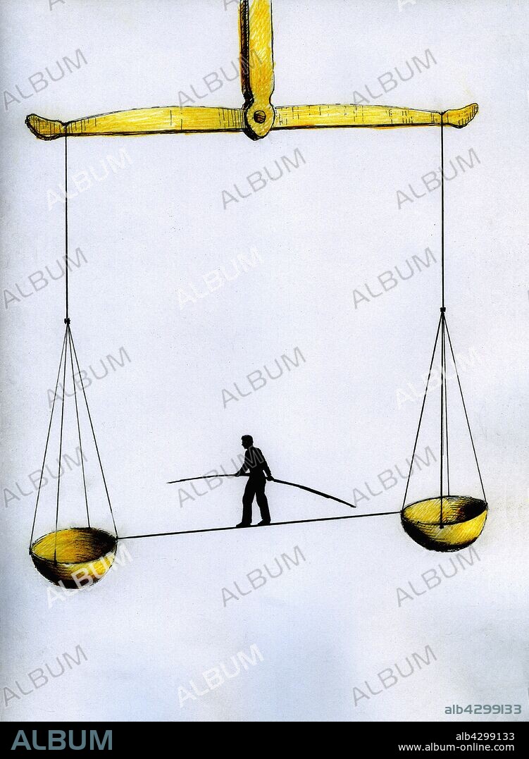 Man with pole walking on tightrope between scales.