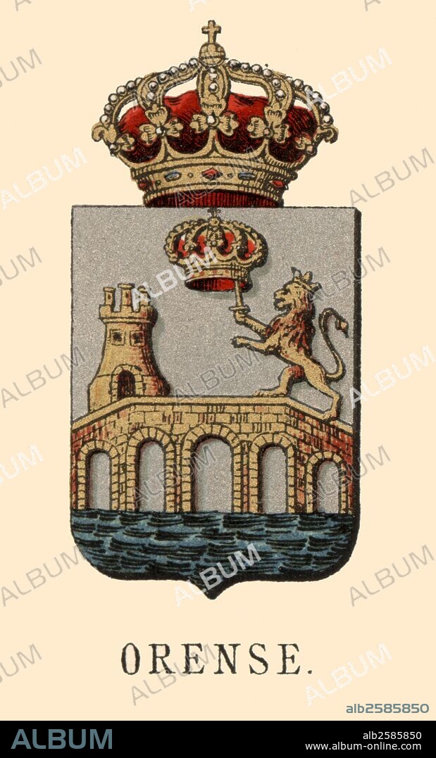 España. Heráldica. Escudo de armas de la provincia de Orense. Grabado de 1878.