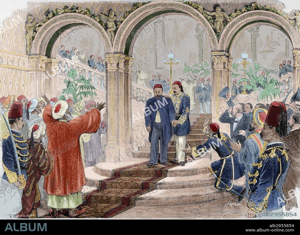 ISMAIL BAJA (1830-1895). Quinto Bajá y primer jedive o virrey (1863-1879) de Egipto. Inaguró el Canal de Suez (1864), que se vió obligado a vender gran parte de las acciones a Gran Bretaña por las deudas. Depuesto el 26 de junio de 1879, abdicó en su primogénito Tewfig. "El Cairo. El ex-Kedive de Egipto, Ismail-Pachá, abandona el Palacio de Ardine, el 30 de junio de 1879" Grabado por Canedi. "La Ilustración Española y Americana", año 1879. Coloreado.