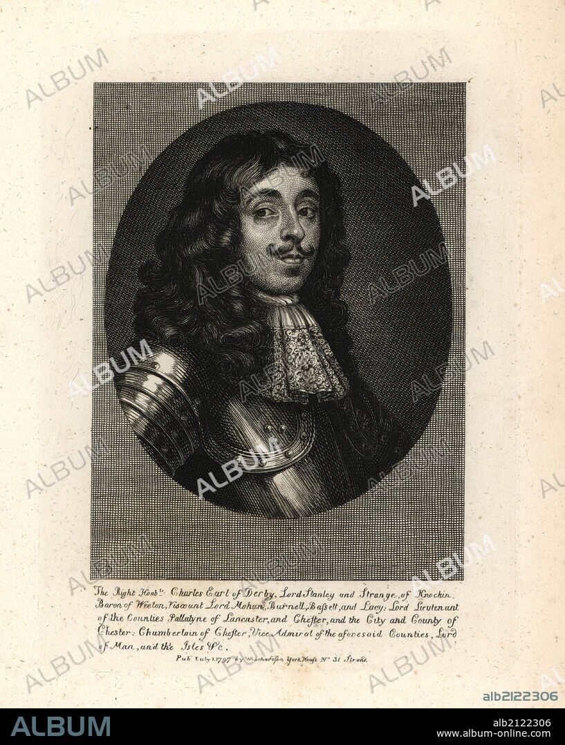Charles, Earl of Derby, Lord Stanley and Strange, of Knockin, Baron of Weeton, Viscount Lord Mohun, Burnell, Bassett, and Lacy; Lord Lieutenant of the Counties Pallatyne of Lancaster, and Chester, and the City and County of Chester. From a fine and scarce print by A. Blooteling. Copperplate engraving from Richardson's "Portraits illustrating Granger's Biographical History of England," London, 1792–1812. Published by William Richardson, printseller, London. James Granger (1723–1776) was an English clergyman, biographer, and print collector.