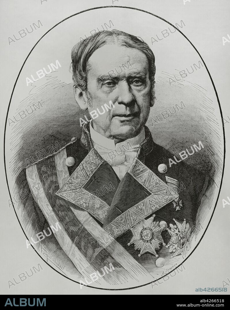 Joaquín Gutiérrez de Rubalcava y Casal (Ferrol,1803-Madrid,1881). Militar y político español, almirante de la Armada Española y ministro durante el reinado de Isabel II de España. Retrato. Dibujo por Badillo. Grabado por Arturo Carretero (m. 1903). La Ilustración Española y Americana,22 de abril de 1881.