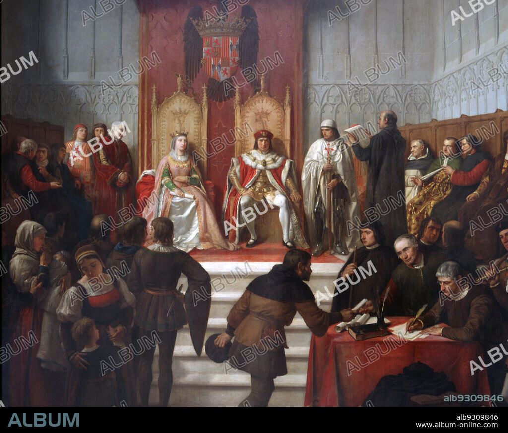 VÍCTOR MANZANO AND IMPROVED. REYES CATOLICOS. FERNANDO II DE ARAGON E ISABEL I DE CASTILLA. " LOS REYES CATOLICOS ADMINISTRANDO JUSTICIA ". OLEO DE VICTOR MANZANO. PALACIO REAL .MADRID. PATRIMONIO NACIONAL.