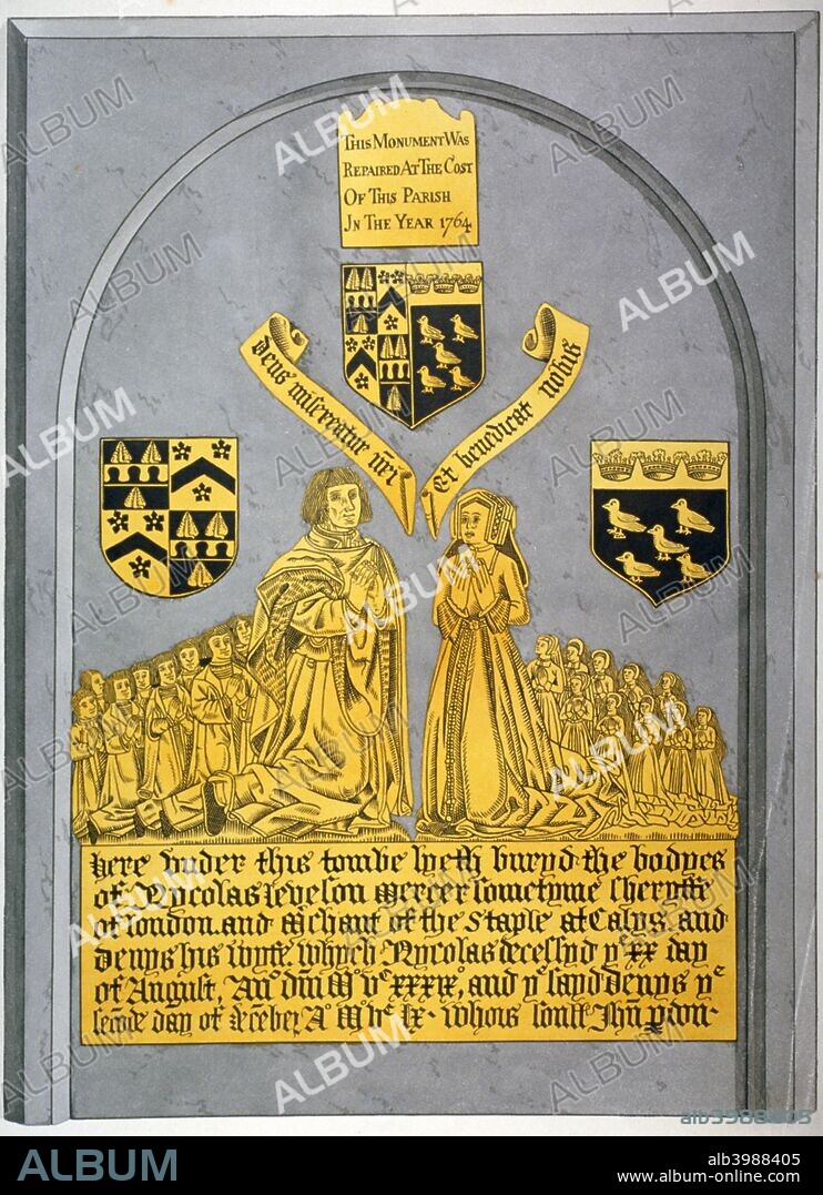 Monument in the Church of St Andrew Undershaft, Leadenhall Street, London, c1820. Monument to Nicholas Leveson on east wall of the north aisle in St Andrew Undershaft.
