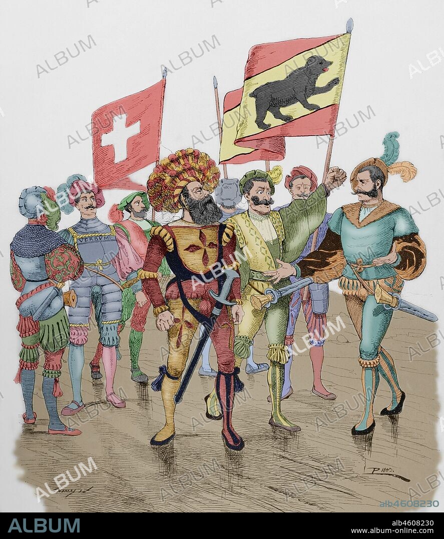 Modern era. Mercenary soldiers: Swiss. Engraving. Museo Militar, 1883. Later colouration.