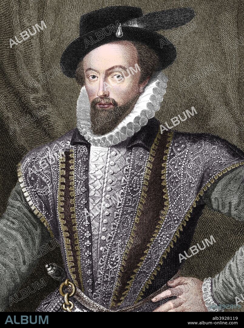 Sir Walter Raleigh, English writer, poet, courtier, adventurer and explorer, (1821). Raleigh (1554-1618) was a favourite of Queen Elizabeth I, who knighted him in 1585. In 1584-1589 he was involved in an unsuccessful attempt to establish a colony in North America, but did introduce tobacco and the potato to Britain from the New World. Accused of treason by Elizabeth's successor, James I, he was imprisoned in the Tower of London and eventually put to death in 1618. (Colorised black and white print).