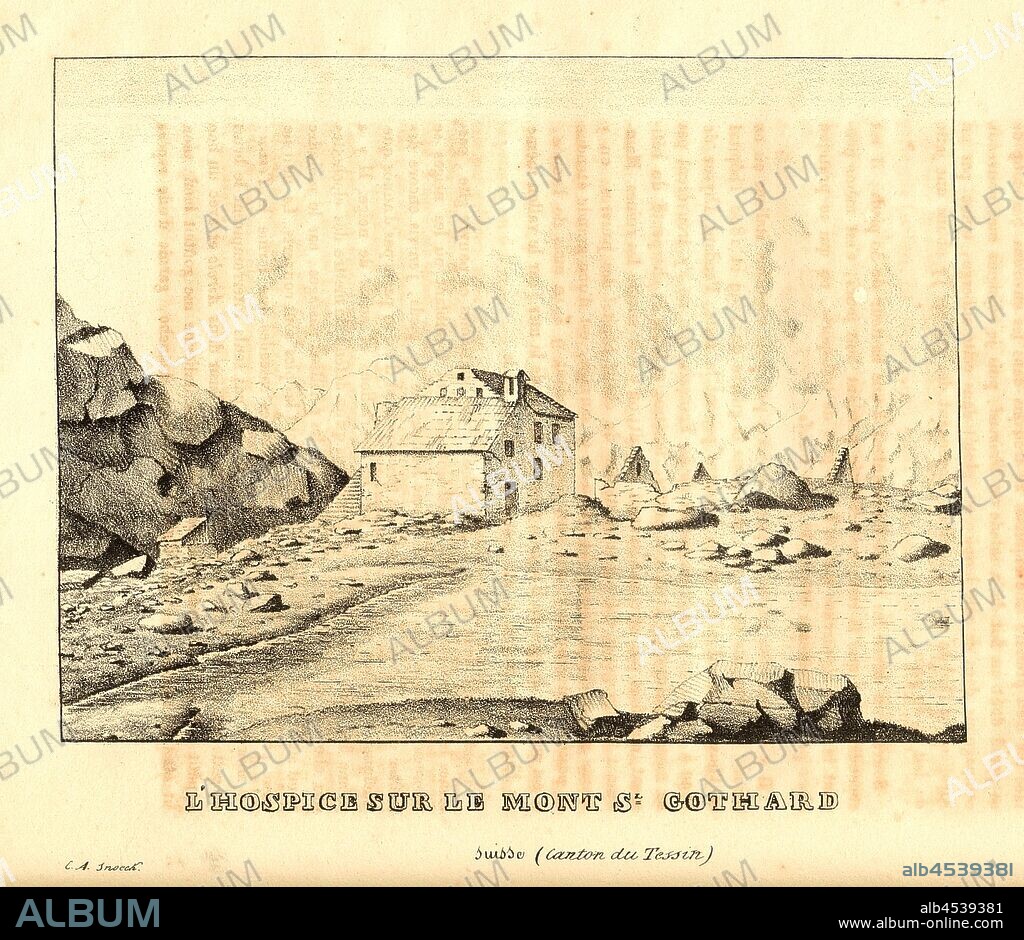 The hospice on Mount St. Gothard. Switzerland Canton Ticino, Hospice and lake on the Gotthard Pass (Canton Ticino), signed: C. A. Snoeck, Fig. 12, according to p. 72, Snoeck, Charles Alexander (dess.), 1824, Charles Alexander Snoeck: Promenade aux Alpes. [Nicht ermittelbar]: [nicht ermittelbar], 1824.