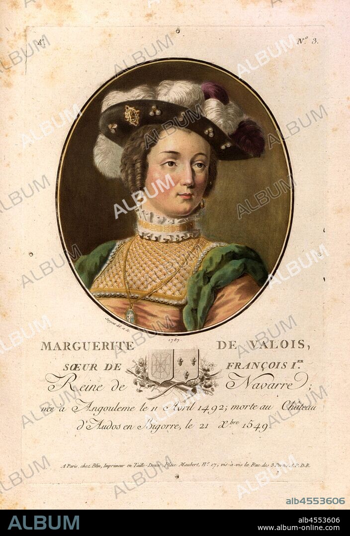 Marguerite de Valois, sister of François I. Queen of Navarre, Margaret of Navarre, sister of King Francis I of France and Queen of Navarre, signed: Sergent (del. Et sculp.); chez Blin, K no. 3, Sergent, Antoine Louis François (del. et sculp.); Blin (chez), Antoine François Sergent-Marceau: Portraits des grands hommes, femmes illustres et sujets mémorables de France: gravés et imprimés en couleurs. Dédié au Roi. Bd. 1. Paris: chez Blin, Imprimeur en Taille-Douce, [1786-1792].