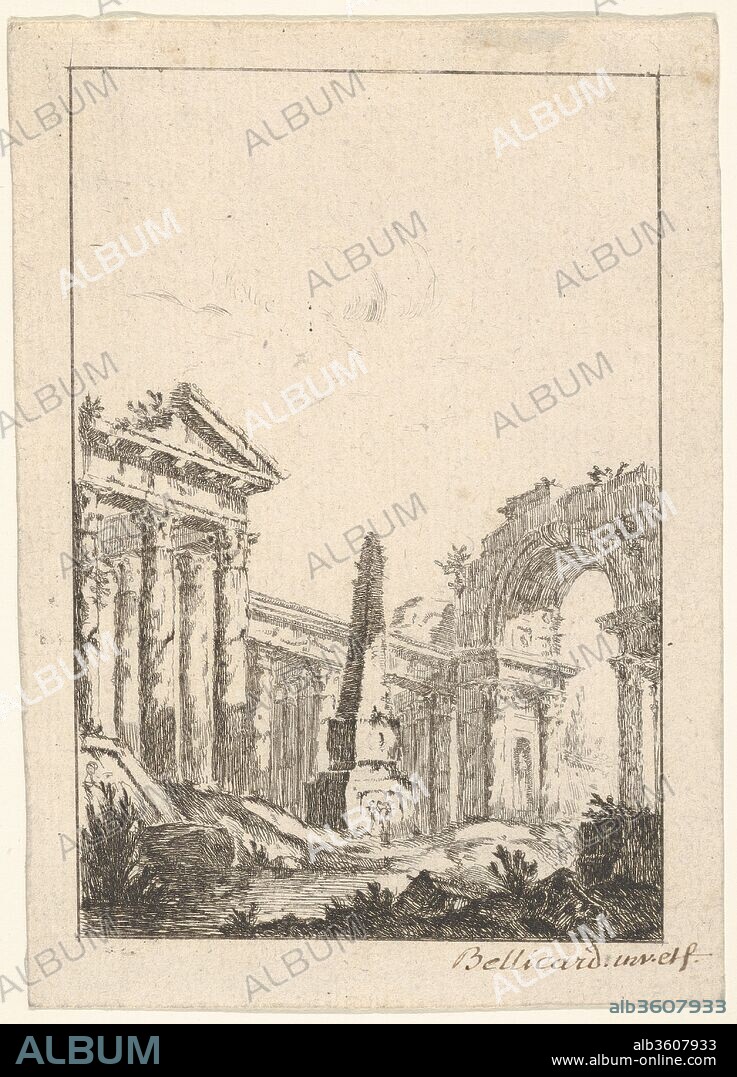 Architectural Capriccio. Artist: Jérôme Charles Bellicard (French, Paris 1726-1786 Paris). Dimensions: Sheet (trimmed): 5 13/16 × 4 1/16 in. (14.7 × 10.3 cm). Series/Portfolio: Vues de Rome. Date: 1745-80.