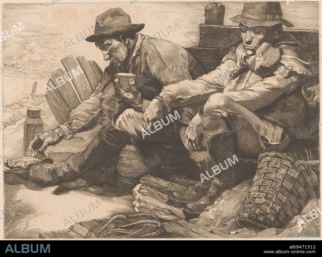 Two workmen scraping, Johannes Josephus Aarts, 1904, Two workmen with boots and hat, sitting on a wooden bench. The man on the left is drinking from the cup of his water bottle, the man on the right has closed eyes and rests his arms on his legs., print maker: Johannes Josephus Aarts, 1904, paper, engraving, h 226 mm × w 304 mm.