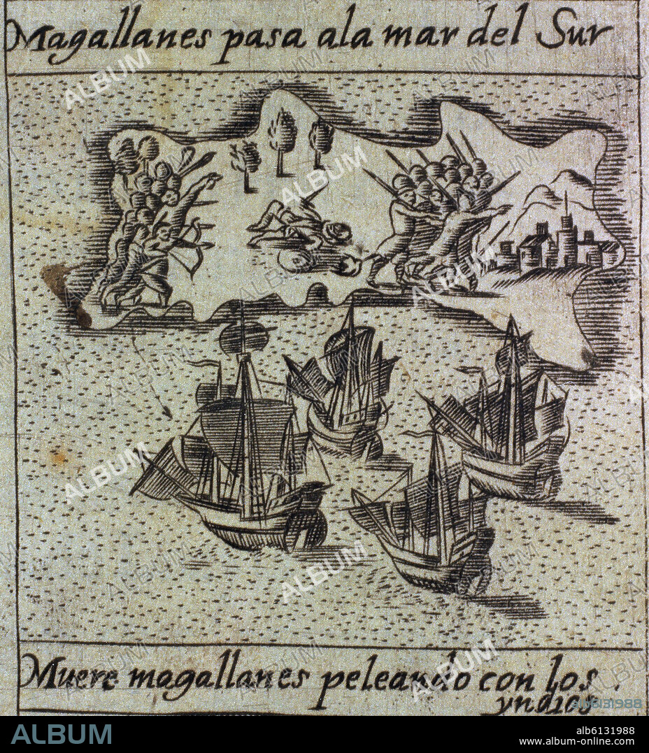 HERRERA Y TORDESILLAS ANTONIO. Hª GRAL DE LOS HECHOS EN NUEVO MUNDO - DETALLE DE LA MUERTE DE MAGALLANES PELEANDO CON LOS INDIOS - S XVI.