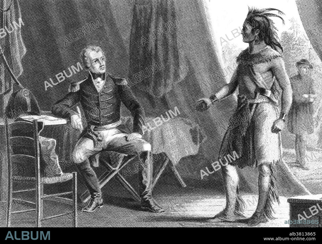 Weatherford of the Creeks submitting to Jackson after the Battle of Horseshoe Bend, during the War of 1812. On March 27, 1814, US forces and Indian allies under Colonel Jackson defeated the Red Sticks, a part of the Creek Indian tribe who opposed American expansion. The battle raged for over five hours. Roughly 550 Red Sticks were killed on the field, while many of the rest were killed trying to cross the river. William Weatherford, (1765-1824), was a Creek chief of the Upper Towns who led the Red Sticks' offensive in the Creek War (1813-1814). Weatherford was of mixed Creek, French and Scots ancestry. After the war, he rebuilt his wealth as a slaveholding planter in Alabama. Andrew Jackson (1767-1845) was the seventh President of the USA (1829-37). A polarizing figure who dominated the Second Party System in the 1820s and 1830s, he destroyed the national bank and relocated most Indian tribes from the Southeast to west of the Mississippi River. The 1830-50 period later became known as the era of Jacksonian democracy. He strengthened the power of the presidency, which he saw as spokesman for the entire population. He died at The Hermitage on June 8, 1845, at the age of 78, of chronic tuberculosis, dropsy, and heart failure.