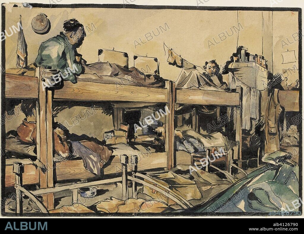 Ziekenbarak. Krijgsgevangenenkamp Stalag IVB in Mühlberg aan de Elbe (series title). Draughtsman: Wim van Hooff. Dating: 1944 - 1945. Place: Mühlberg. Measurements: h 17 cm × w 25 cm.