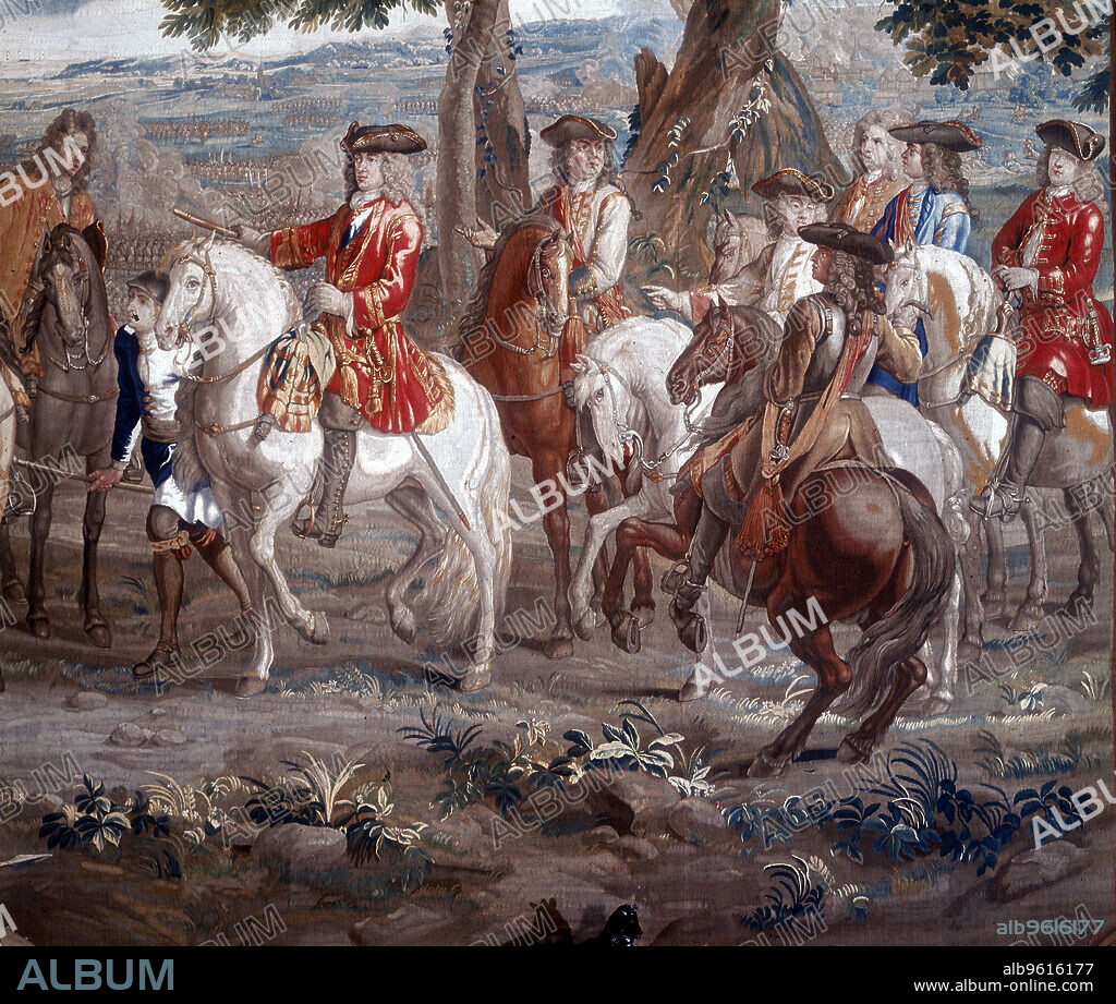 John Churchill, Duke of Marlborough (1650-1722) English soldier, at the Battle of Blenheim, 1704. Marlborough commmanded the British and allied forces in the War of the Spanish Succession early in the 18th century. He won a series of victories over the French including Blenheim (1704), Ramillies (1706), Oudenaarde (1708) and Malplaquet (1709). Detail from a tapestry at Blenheim Palace, Woodstock, Oxfordshire.