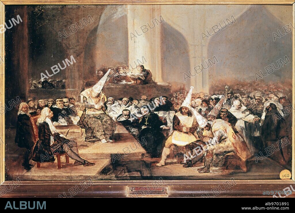 Inquisition Scene. Court of the Inquisition. Artist Goya y Lucientes, Francisco Jose de (1746-1828). in Real Academia de Bellas Artes de San Fernando, Madrid, Spain. Francisco José de Goya y Lucientes (March 30, 1746 - April 16, 1828) was a Spanish painter and printmaker. Goya was a portraitist and court painter to the Spanish Crown, a chronicler of history, and, in his unofficial work, a revolutionary and a visionary. He has been regarded both as the last of the old masters and as the first of the moderns. The subversive and subjective element in his art, as well as his bold handling of paint provided a model for the work of later generations of artists, notably Manet and Picasso. ©TopFoto.