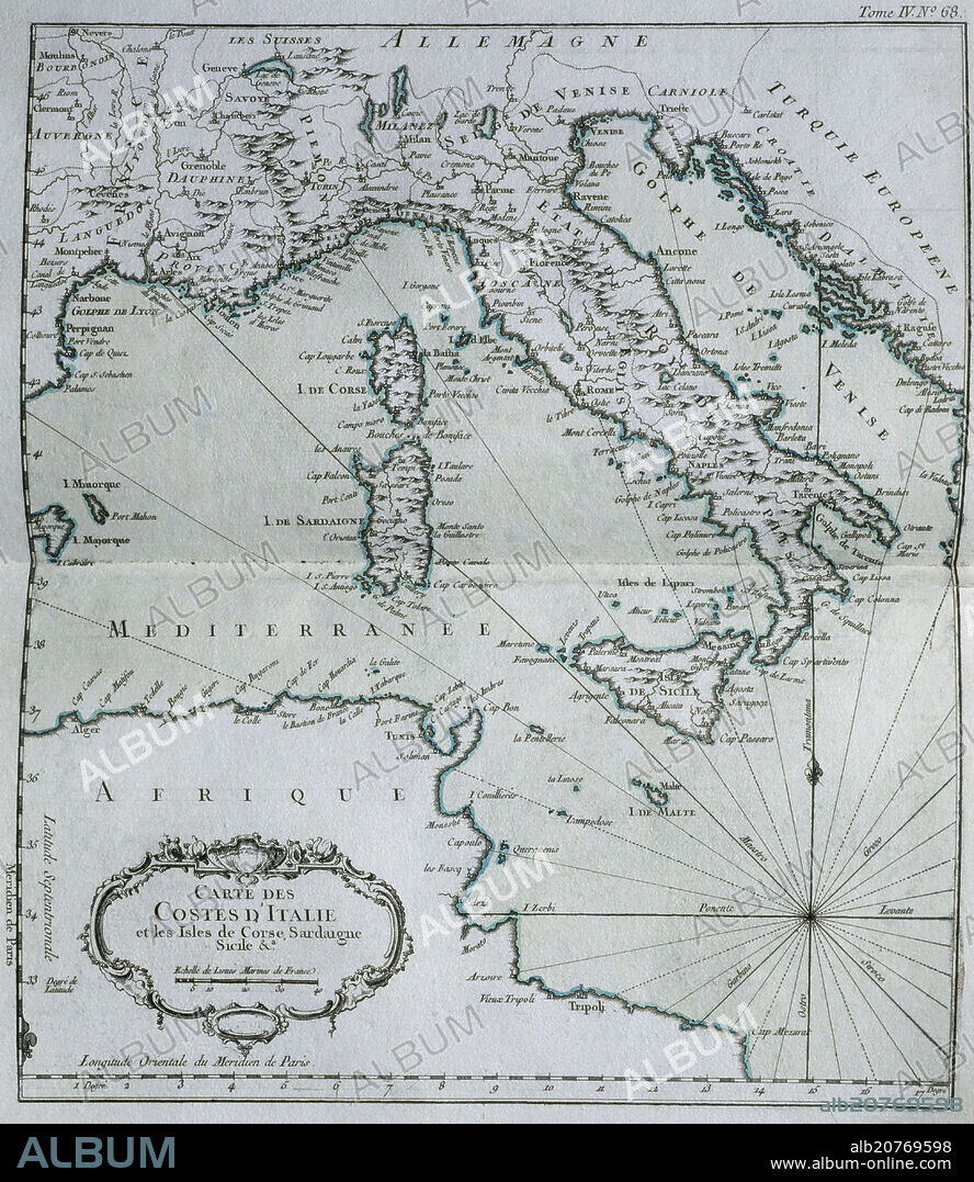 MAPA DE LAS COSTAS DE ITALIA Y LAS ISLAS CORCEGA SICILIA Y CERDEÑA.