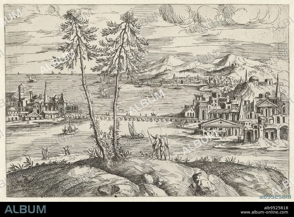 Urban fantasy architecture on banks connected by a bridge, Landscapes with ruins and fantasy architecture and figures in antique and exotic costumes (series title), Urban fantasy architecture on banks connected by a bridge. Print from a series of landscapes with ruins and fantasy architecture., print maker: Giovanni Battista Pittoni (I), (mentioned on object), Vicenza, 1560 - 1570, paper, etching, height 211 mm × width 316 mm.
