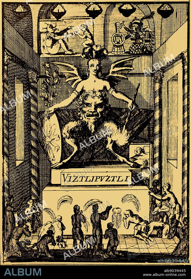 Engraving depicting the Aztec Sun God Huitzilopochtli. Dated 17th century.