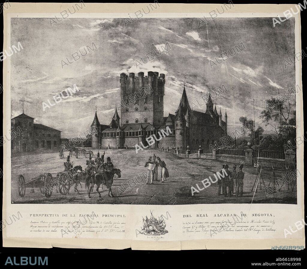 ANONIMO. PERSPECTIVA DE LA FACHADA PRINCIPAL DEL REAL ALCAZAR DE SEGOVIA CON ALUMNOS DEL REAL COLEGIO DE ARTILLERIA HACIENDO MANIOBRAS - 1825.