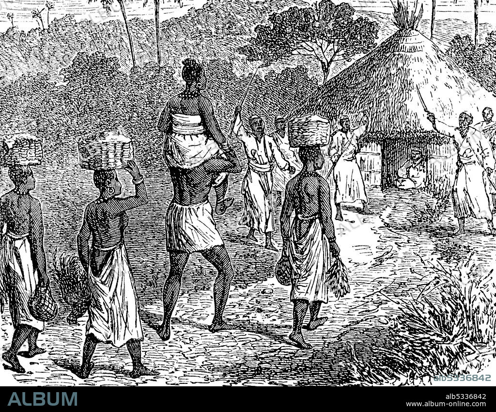 Africa, Wedding procession at Lake Moero, Lake Mweru or Lac Moero, Congo, 1880  /  Afrika, Hochzeitszug am Moerosee, Mwerusee oder Lac Moero, Kongo, 1880, Historisch, historical, digital improved reproduction of an original from the 19th century / digitale Reproduktion einer Originalvorlage aus dem 19. Jahrhunder.