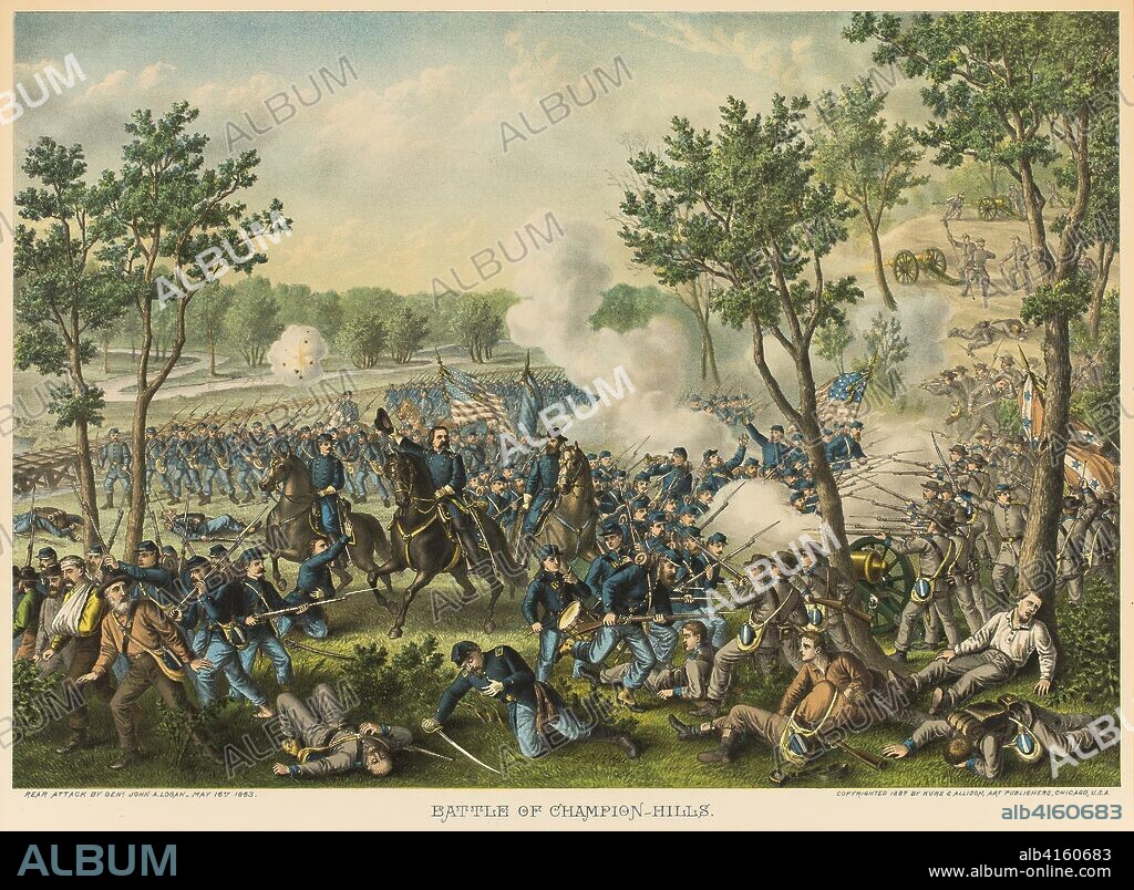 KURZ & ALLISON. The Battle of Champion Hills. Unknown Artist; published by Kurz and Allison (American, founded in Chicago, 1880). Date: 1887. Dimensions: 448 x 635 mm (image, sight); 480 x 650 mm (sheet, sight). Color lithograph on off-white wove paper. Origin: United States.