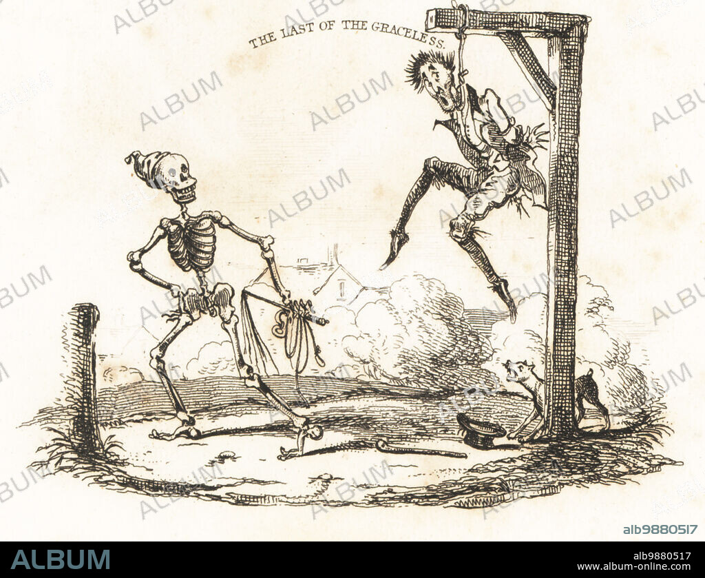Vignette of the skeleton of Death with rope and whip looking at a man hanging from a gibbet, the Last of the Graceless. Drawn and engraved on steel by Richard Dagley from his own Deaths Doings, Consisting of Numerous Original Compositions in Verse and Prose, J. Andrews, London, 1827. Dagley (1761-1841) was an English painter, illustrator and engraver.