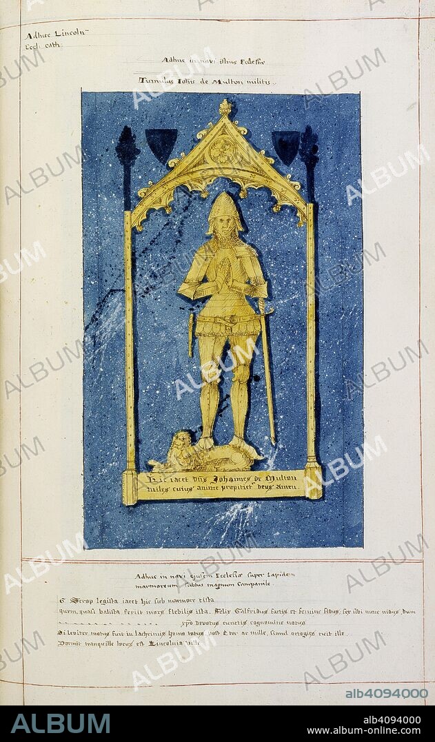 SIR WILLIAM DUGDALE et WILLIAM SEDGWICK. John de Multon. Book of Monuments, or 'Book of Draughts'. England; 1641. (whole folio) Drawing of memorial brass of John de Multon, in Lincoln Cathedral  Image taken from Book of Monuments, or 'Book of Draughts'.  Originally published/produced in England; 1641. . Source: Add. 71474, f.95. Language: Latin.