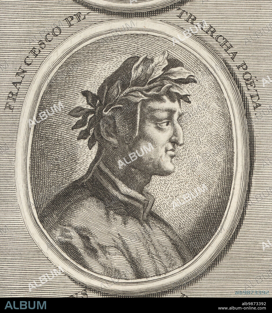 Petrarch, Italian scholar and poet of the early Renaissance, and one of the earliest humanists, 1304-1374. Francesco Petrarcha Poeta. Copperplate engraving after an illustration by Joachim von Sandrart from his LAcademia Todesca, della Architectura, Scultura & Pittura, oder Teutsche Academie, der Edlen Bau- Bild- und Mahlerey-Kunste, German Academy of Architecture, Sculpture and Painting, Jacob von Sandrart, Nuremberg, 1675.