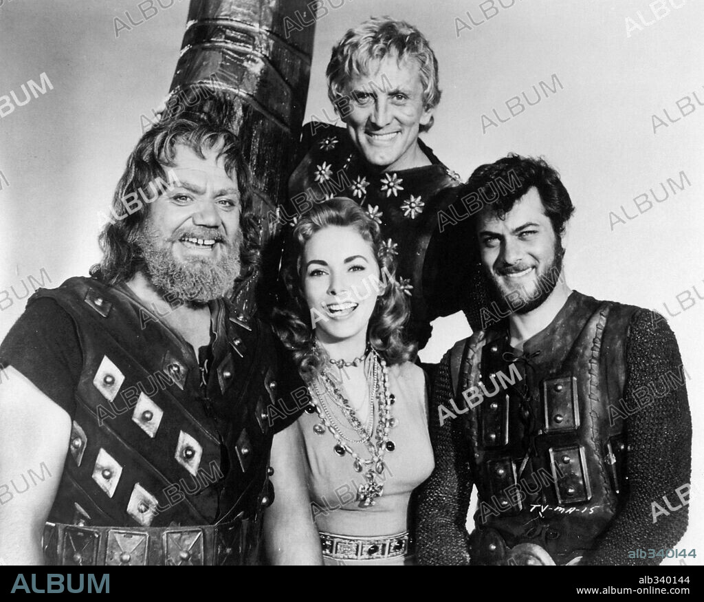ERNEST BORGNINE, JANET LEIGH, KIRK DOUGLAS and TONY CURTIS in THE VIKINGS, 1958, directed by RICHARD FLEISCHER. Copyright BRYNA PRODUCTION/UNITED ARTISTS.