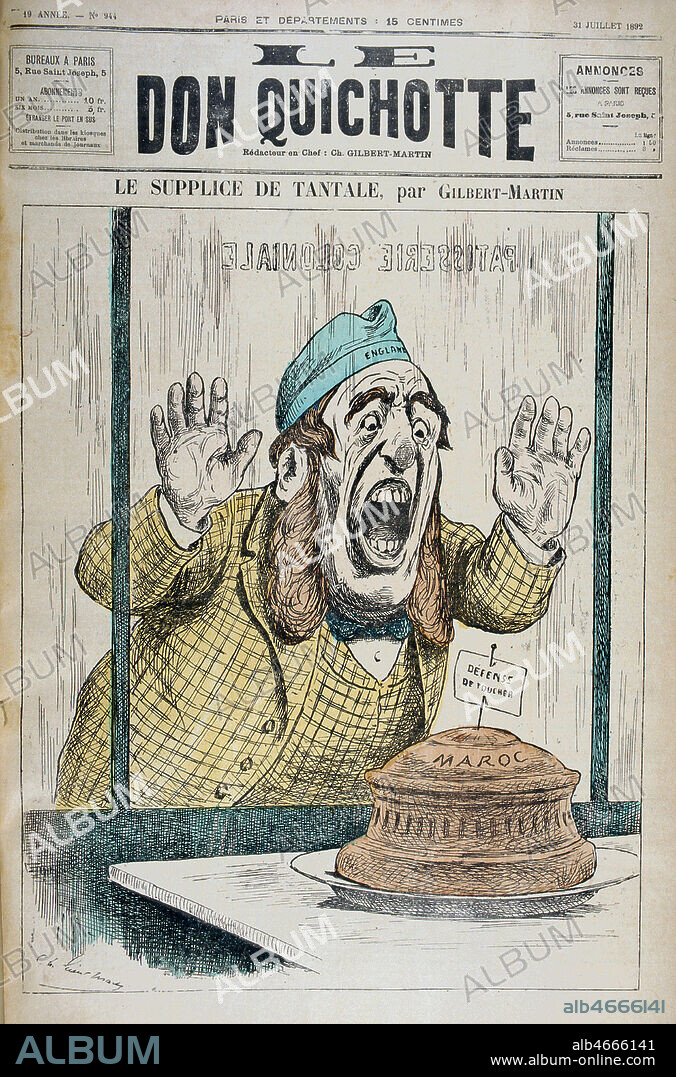 Le supplice de TANTALE. JOHN BULL bavant derriere une vitre de verre, devant la patisserie du Maroc. Illustration de GILBERT-MARTIN (1839-1905) pour Don Quichotte de 1892 Credit : Coll. Dixmier/KHARBINE-TAPABOR.