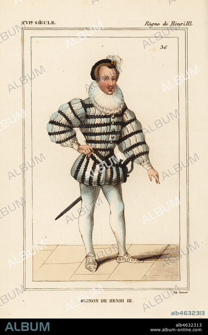 A Mignon, one of the dainty ones at the court of King Henri III of France. Handcoloured lithograph after a caricature in Roger de Gaignieres' gallery portfolio IX 76 from Le Bibliophile Jacob aka Paul Lacroix's Costumes Historiques de la France (Historical Costumes of France), Administration de Librairie, Paris, 1852.