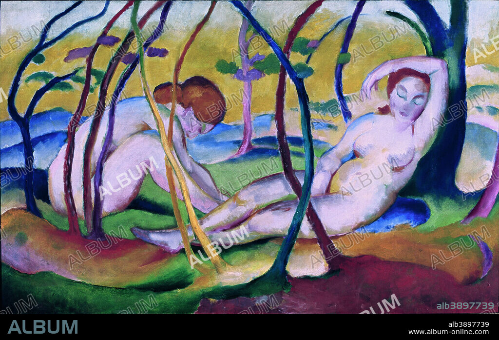 FRANZ MARC. Nudes under Trees. Date/Period: 1911. Painting. Oil on canvas. Height: 1,100 mm (43.30 in); Width: 1,800 mm (70.86 in).