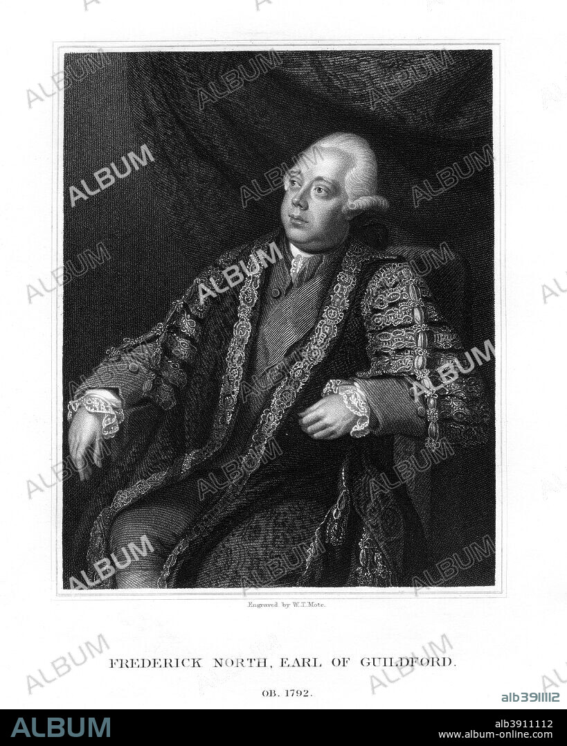 Frederick North, 2nd Earl of Guilford, Prime Minister of Great Britain, (1833). North (1732-1792) formed a government in 1770 but resigned on March 27 1782, after a vote of no confidence resulting from the British defeat at Yorktown in America the year before. He is supposed to have cried, Oh God! It's all over! It's all over!.