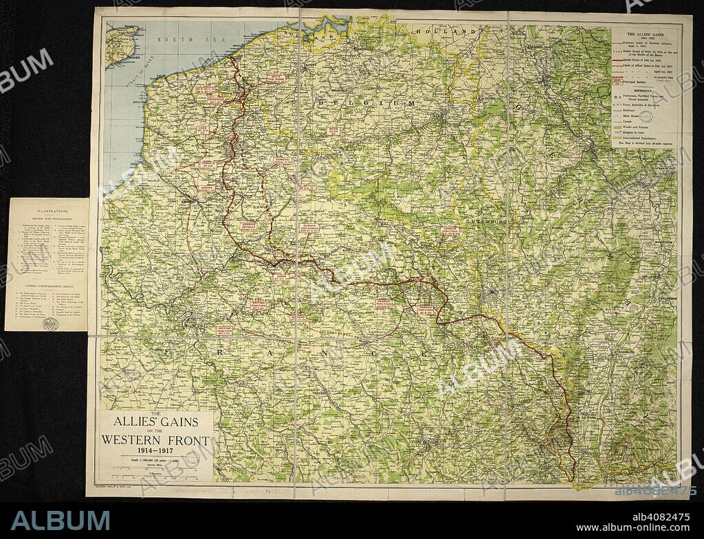 A map of the First World War: The Allies' gains on the Western Front, 1914-1917. The Allies' gains on the Western Front, 1914-1917. Scale, 1 : 633,000, 10 miles = 1 inch. ([With] numerous-official photographs). London : G. Philip & Son, [1918]. 880 x 710 mm.; Scale 1: 633 000. Source: Maps.14317.(84).