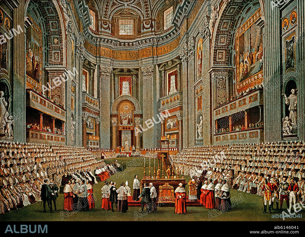 APERTURA DEL CONCILIO VATICANO I CONVOCADO POR EL PAPA PIO IX EL 8 DE DICIEMBRE DE 1869 - LITOGRAFIA.