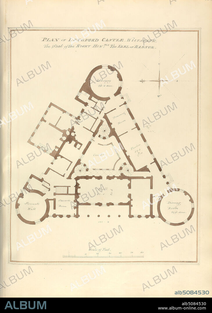 Plan of Longford Castle, Wiltshire; the Seat of the Right Hon'ble the Earl of Radnor, John Buckler FSA, 17701851, British, and John Chessell Buckler, 17931894, British, 1815, Watercolor and pen and black ink on moderately thick, cream wove paper, Sheet: 19 3/4 × 14 inches (50.2 × 35.6 cm) and Image: 15 1/4 × 12 1/2 inches (38.7 × 31.8 cm), architectural subject, blueprint, castle, country house, Elizabethan, Jacobean, England, Europe, Salisbury, United Kingdom, Wiltshire.