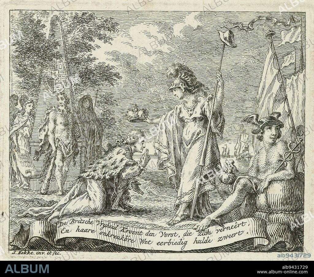 Allegory of English liberty, The British Liberty crowns the Sovereign, who humbles himself, and respectfully swears homage to her incorruptible Law (title on object), The kneeling king is crowned by a helmeted allegorical figure holding a liberty hat on a stick. To the right of this pair sits Mercury, to the left Hercules stands amidst several figures before an obelisk bearing the coat of arms of Orange-Nassau. In the background the sea with ships., print maker: Simon Fokke, (mentioned on object), after own design by: Simon Fokke, (mentioned on object), Amsterdam, 1722 - 1784, paper, etching, height 66 mm × width 80 mm.