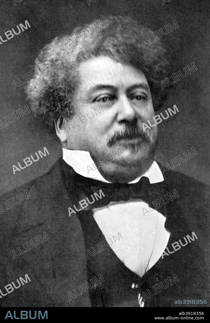 Alexandre Dumas, 19th century French author, (1902). Dumas (1802-1870) is best known for his numerous historical novels of high adventure, such as The Three Musketeers and The Count of Monte Cristo. Supplement to The Bookman, 1902.