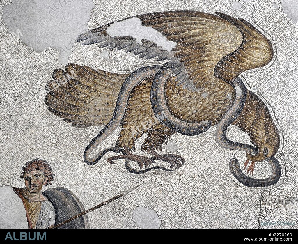 Great Palace of Constantinople (East Roman period). Detail of one of the mosaics that decorated the pavements. Fight between eagle and snake. 4th-6th century. Great Palace Mosaics Museum. Istanbul, Turkey.