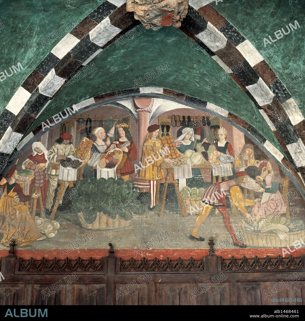 ARTE RENACIMIENTO. ITALIA PINTURA MURAL del 1500 con la representación de PUESTOS DE VENTA EN UN MERCADO. Castello di Issogne.