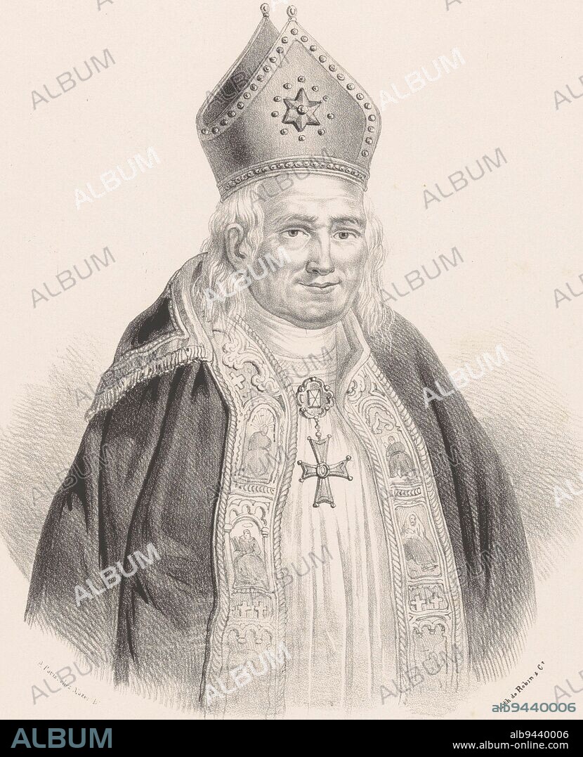 Portrait of Archbishop Denis Auguste Affre, anonymous, Robin, 1848 - 1899, Portrait of Archbishop Denis Auguste Affre. He is wearing a mitre. In the lower margin his name, his title and five lines of Dutch text., print maker: anonymous, printer: Robin, (mentioned on object), publisher: Mazer, (mentioned on object), Paris, 1848 - 1899, paper, h 359 mm × w 274 mm.