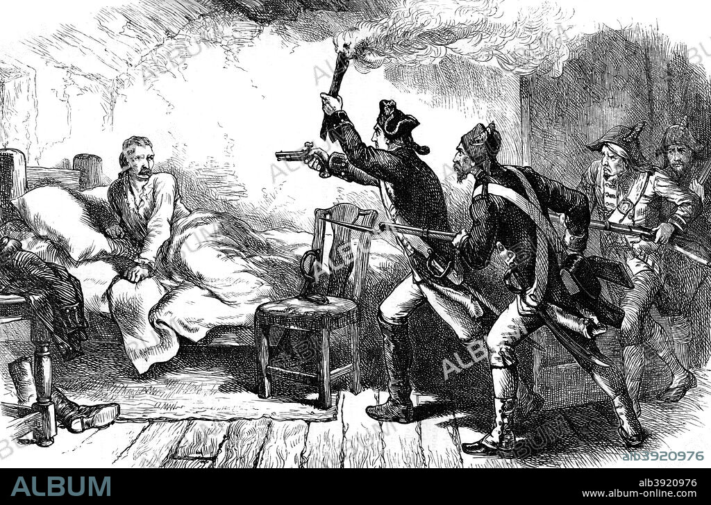 Arrest of General Richard Prescott, 1777 (c1880). British General Richard Prescott was captured by a small band of colonial soldiers at a farm on Rhode Island on 10th July 1777. He was taken to Providence, where he was held captive until he was exchanged for American General Charles Lee. A print from Cassell's History of the United States, by Edmund Ollier, Volume II, Cassell Petter and Galpin, London, c1880.
