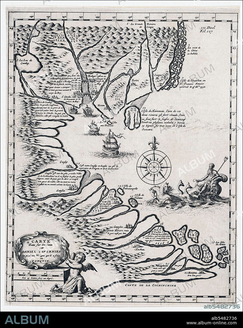 Carte faite sur les lieux par Daniel Tavernier en plusieurs voiages qu´il a fait au Tonquin' or 'Map of the places [visited] by Daniel Tavernier during several voyages to Tonkin'. Map / Chart by Jan Luyken (1649-1712). China's Hainan Island is shown, but not the Paracels of Spratlys Islands.