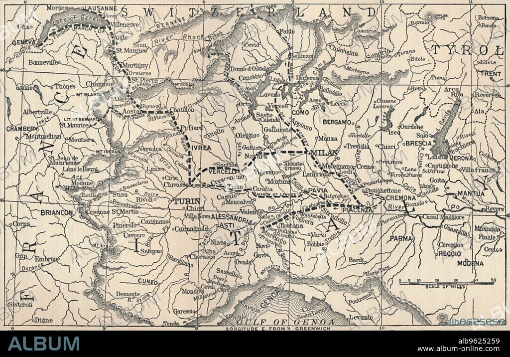 'Map of the Marengo Campaign', 1800, (1896). From Life of Napoleon Bonaparte, Volume II, by William Milligan Sloane. [The Century Co., Macmillan & Co., Limited, New York & London, 1896].