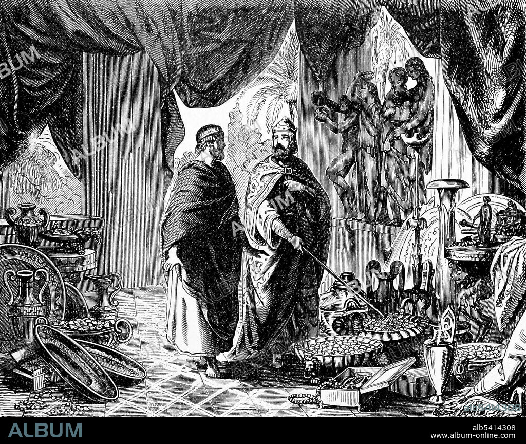 Solon (638-558 BC) was an Athenian statesman, lawmaker, poet and one of the Seven Sages of Greece. According to Herodotus and Plutarch, Solon met with Croesus and gave the Lydian king advice, which Croesus failed to appreciate until it was too late. Croesus had considered himself to be the happiest man alive and Solon had advised him, "Count no man happy until he be dead." The reasoning was that at any minute, fortune might turn on even the happiest man and make his life miserable. It was only after he had lost his kingdom to the Persian king Cyrus, while awaiting execution, that Croesus acknowledged the wisdom of Solon's advice.  Cyclopedia of Universal History by John Clark Ridpath, 1890 (cropped and cleaned).