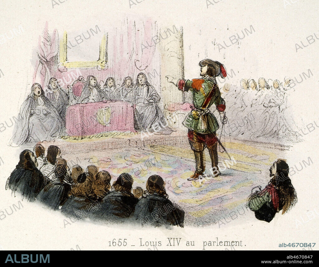'1655 : LOUIS XIV (1638-1715) au Parlement' pour eviter une nouvelle fronde. Il y aurait prononce la phrase : 'L'Etat, c'est moi !'. Gravure de Victor ADAM (1801-1867) tiree de l'ouvrage Histoire de France en Tableaux publie en 1844. Credit : Collection Grob/KHARBINE-TAPABOR.
