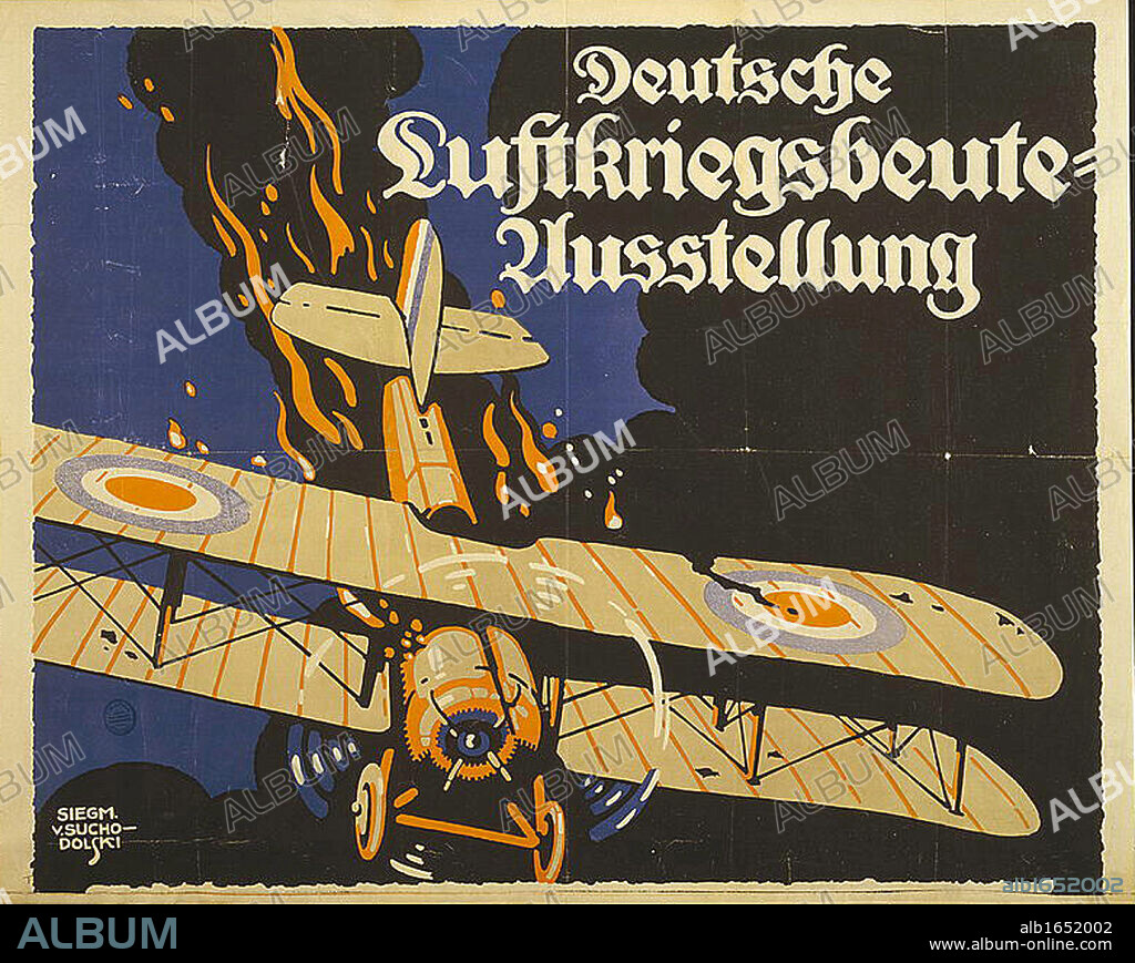 World War I 1914-1918: Demonstration of German airforce effectiveness. 1918 German propaganda poster of British biplane going down in flames. Sigmund Suchodolski (1875-1935) German artist. Aircraft Aerial Warfare.
