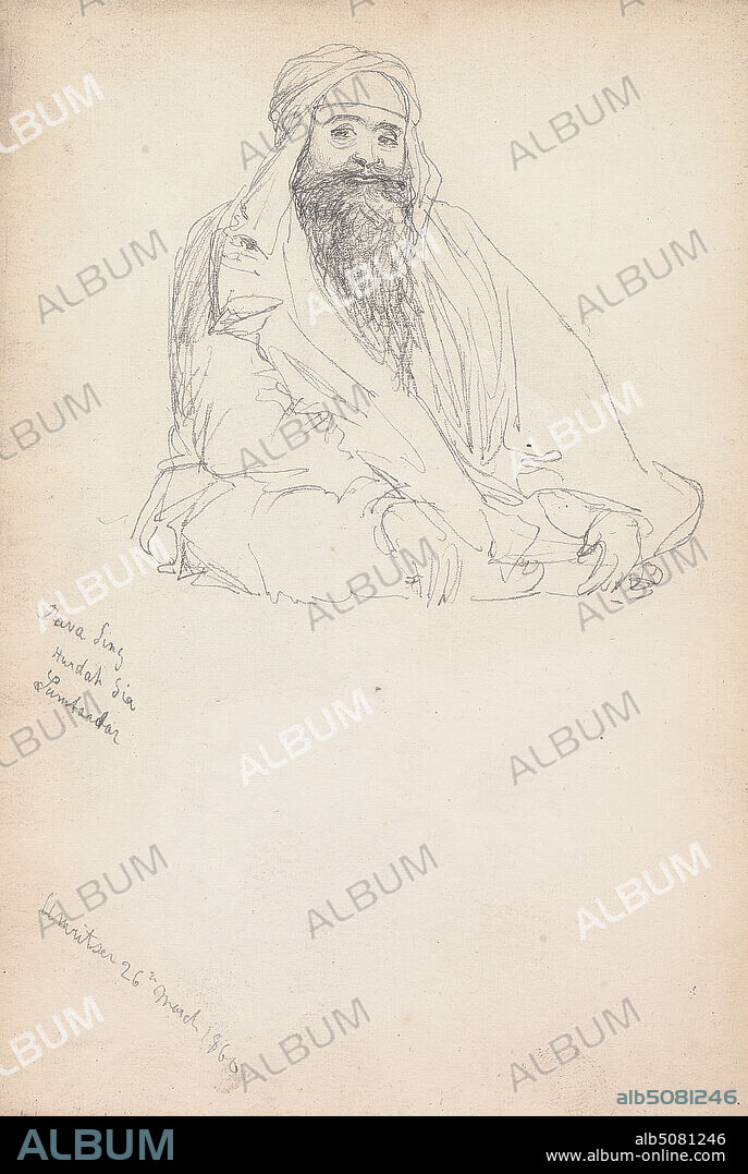 Dava Singh, Amritsar, 26 March 1860, William Simpson, 18231899, British, 1860, Graphite on medium, smooth, cream wove paper, Sheet: 4 × 5 7/8 inches (10.2 × 14.9 cm) and Binding: 4 1/4 inches (10.8 cm), animal art, camel (mammal), carriage, figure study, genre subject, horse (animal), portrait, Amritsar, India.